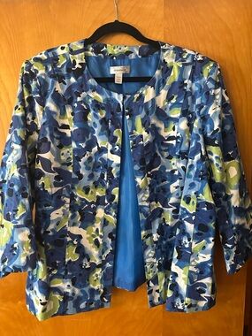 Dressbarn Black,  Blue & Green Abstract Open-Front Jacket